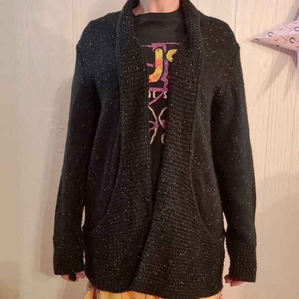 Verve Ami Speckled Open Front Cardigan Sweater Shawl Collar Black Plus Size 2X